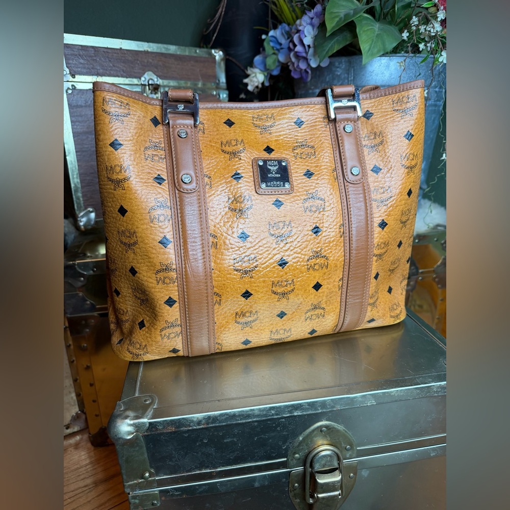 MCM Cognac Visetos Tote Bag with double closure and silver hardware with COA